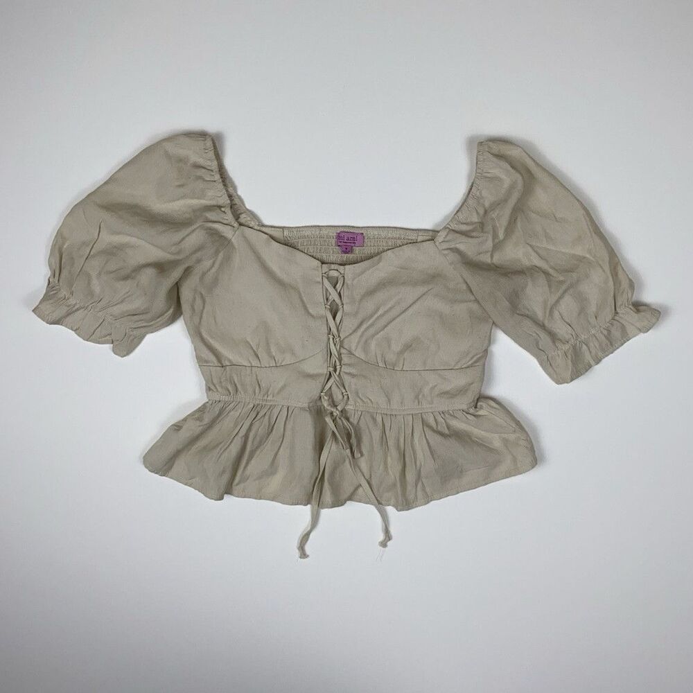mi ami for Francesca's Beige Square Neck Puff Sleeve Smocked Blouse Size Small